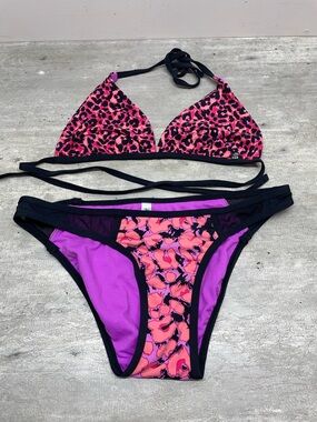 la Vie en Rose Aqua Bikini Set Womens Small Pink Leopard Mesh Triangle 2 Piece